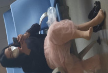 The pretty lady in mask shoe us her sexy feet