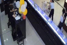 The jewelry store hostess in black nylon show us her cute feet! 2