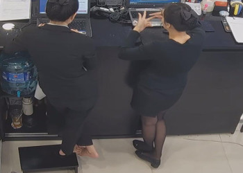 The jewelry store hostess in black nylon show us her cute feet! 300