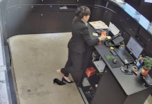 The jewelry store hostess in black nylon show us her cute feet! 124