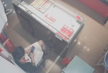 Let's watch the jewelry store hostess‘s black nylon feet from overhead