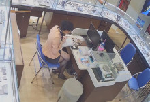 The jewelry store hostess in black nylon danging shoeplay 39