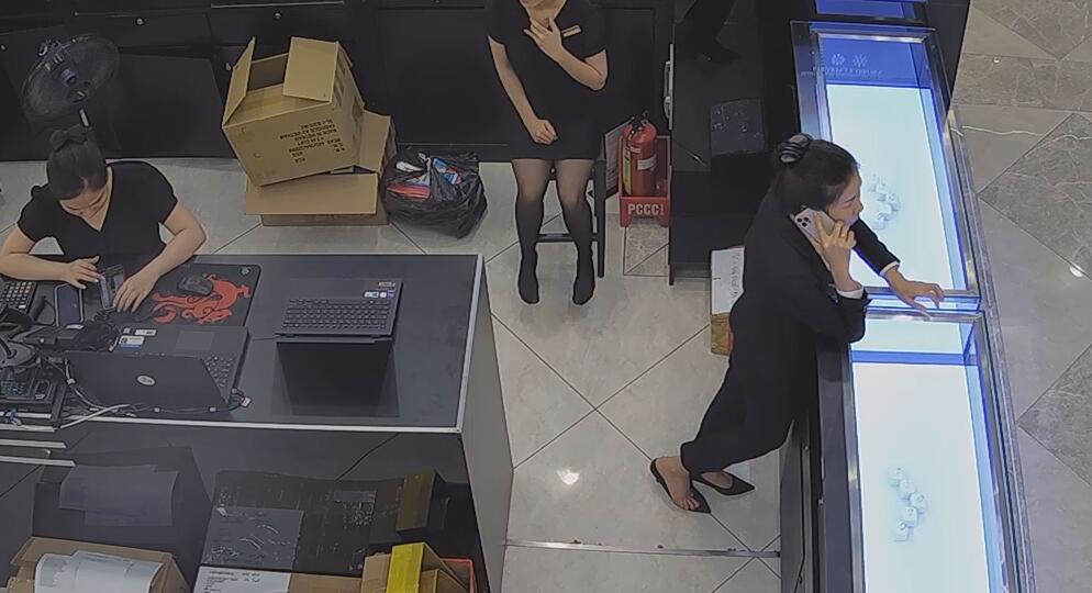 The jewelry store hostess in black nylon show us her cute feet! 49