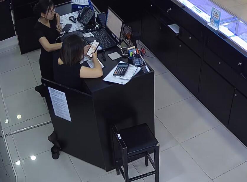 The jewelry store hostess in black nylon show us her cute feet! 263